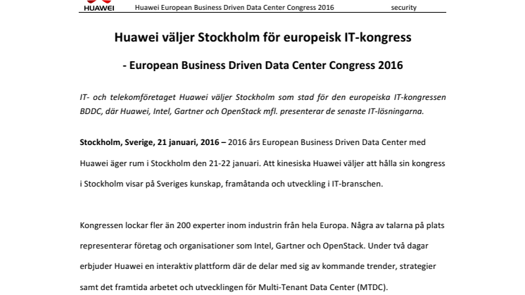 Huawei väljer Stockholm för europeisk IT-kongress - European Business Driven Data Center Congress 2016