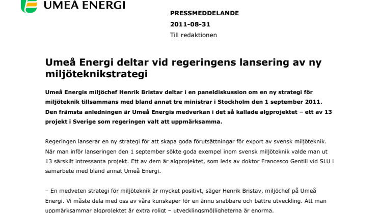Umeå Energi deltar vid regeringens lansering av ny miljöteknikstrategi