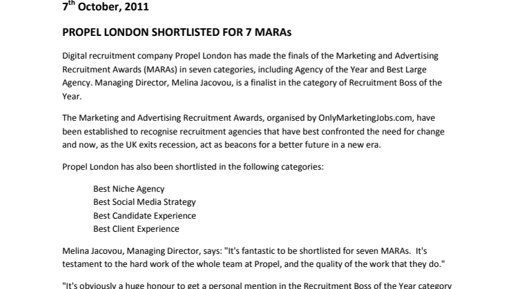 Propel London Shortlisted for 7 MARAs