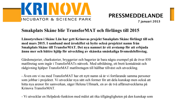 Smakplats Skåne blir TransforMAT och förlängs till 2015