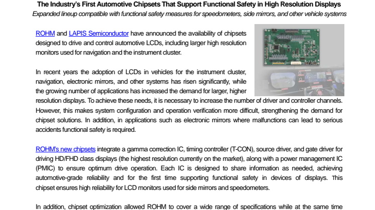 The Industry’s First Automotive Chipsets That Support Functional Safety in High Resolution Displays---Expanded lineup compatible with functional safety measures for speedometers, side mirrors, and other vehicle systems