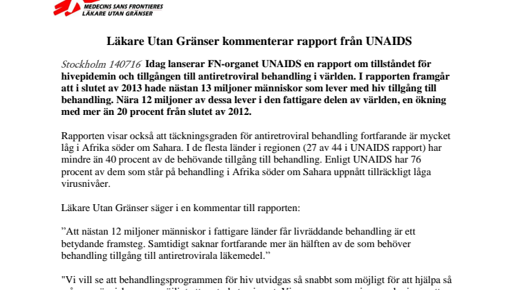 Läkare Utan Gränser kommenterar ny rapport från UNAIDS