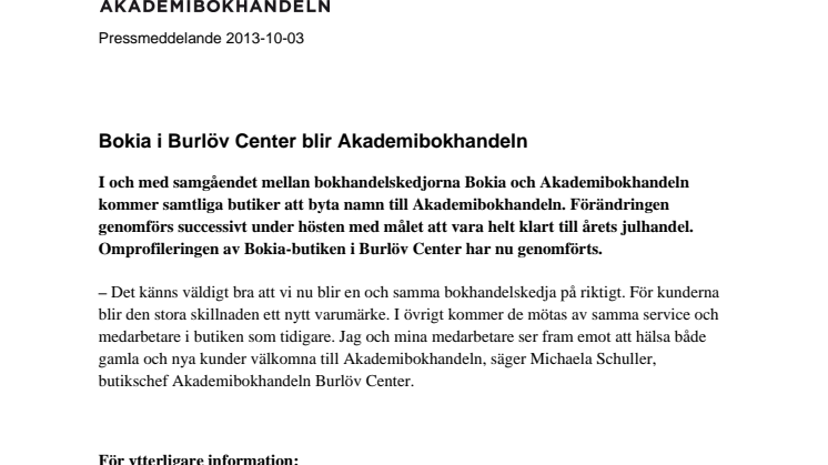 Bokia i Burlöv Center blir Akademibokhandeln 
