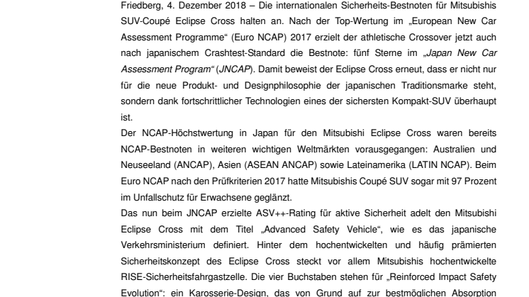 Weltweit top: fünf JNCAP-Sterne für den Mitsubishi Eclipse Cross 