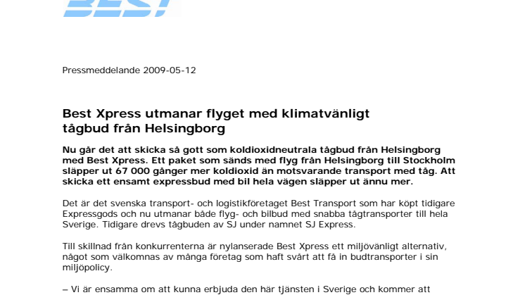 Best Xpress utmanar flyget med klimatvänligt tågbud från Helsingborg