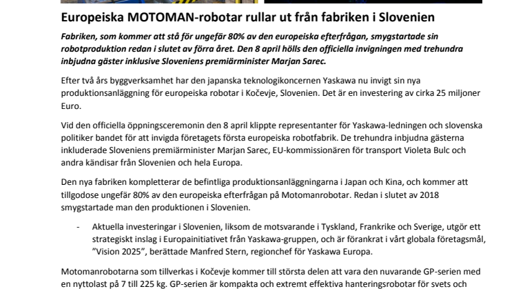 Europeiska MOTOMAN-robotar rullar ut från fabriken i Slovenien