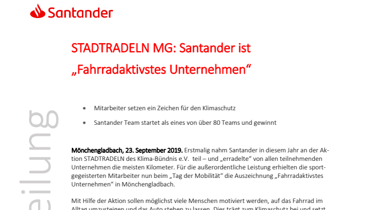 STADTRADELN MG - Santander ist „Fahrradaktivstes Unternehmen“
