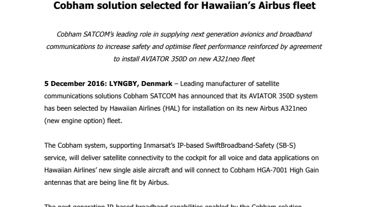 Cobham SATCOM: Cobham Solution Selected for Hawaiian’s Airbus Fleet