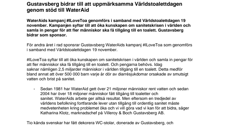 Gustavsberg bidrar till att uppmärksamma Världstoalettdagen genom stöd till WaterAid