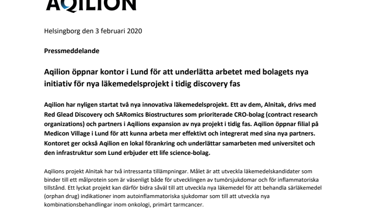Aqilion öppnar kontor i Lund för att underlätta arbetet med bolagets nya initiativ för nya läkemedelsprojekt i tidig discovery fas 
