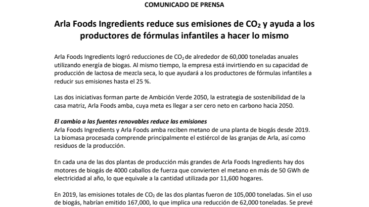 Arla Foods Ingredients reduce sus emisiones de CO2 y ayuda a los productores de fórmulas infantiles a hacer lo mismo