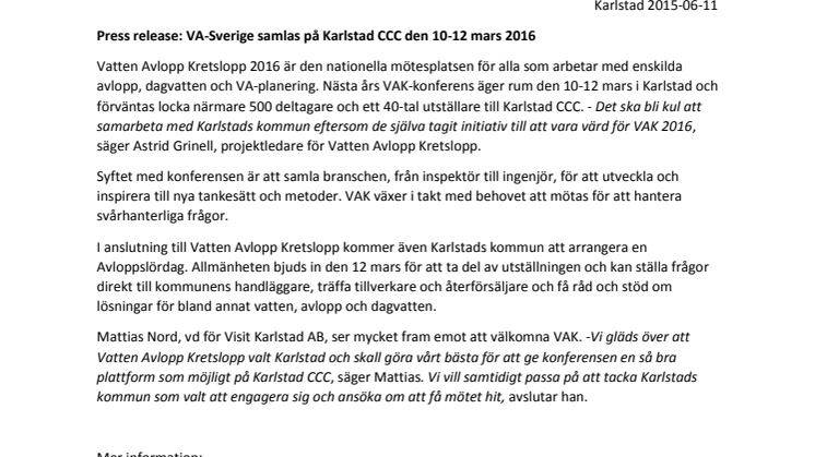 VA-Sverige samlas på Karlstad CCC den 10-12 mars 2016