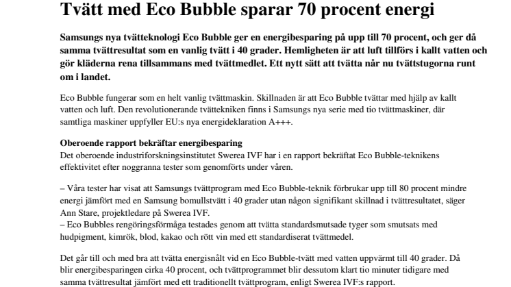 Tvätt med Eco Bubble sparar 70 procent energi