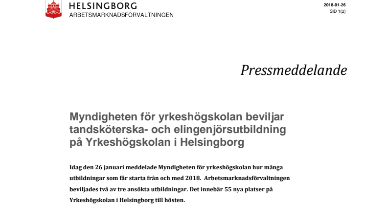 Myndigheten för yrkeshögskolan beviljar tandsköterska- och elingenjörsutbildning på Yrkeshögskolan i Helsingborg