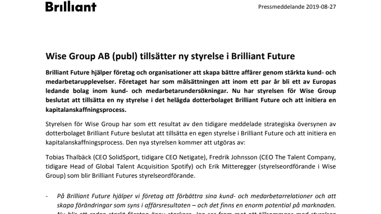 Wise Group AB (publ) tillsätter ny styrelse i Brilliant Future