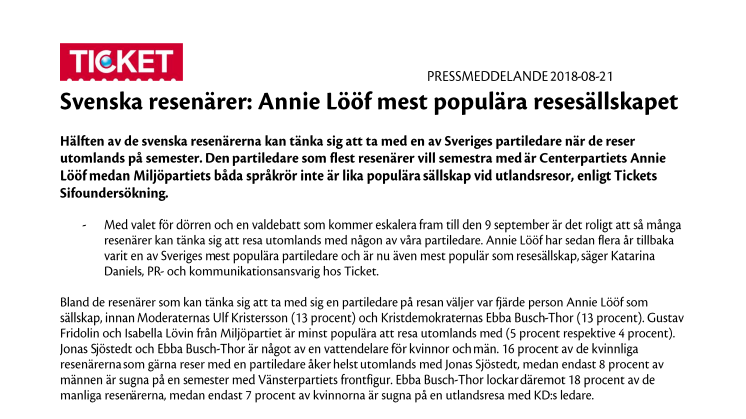 Svenska resenärer: Annie Lööf mest populära resesällskapet