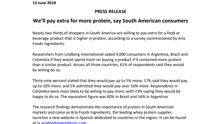 PRESS RELEASE – We’ll pay extra for more protein, say South American consumers