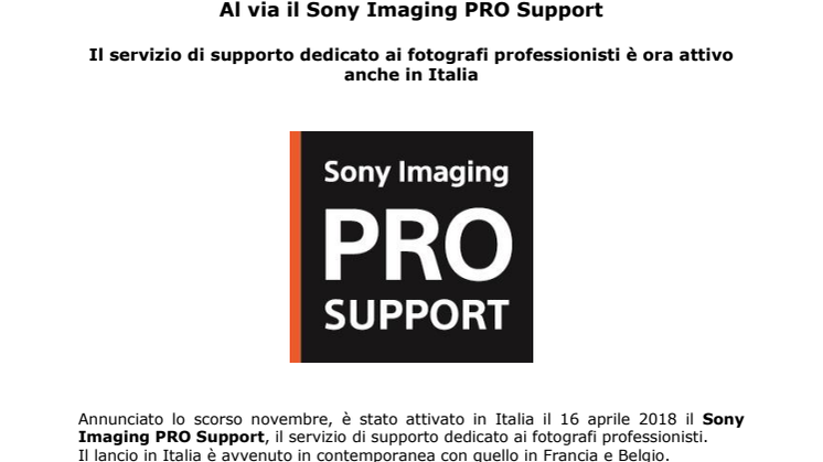 Al via il Sony Imaging PRO Support                                              