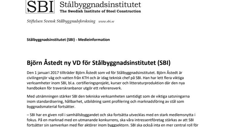 Björn Åstedt ny VD för Stålbyggnadsinstitutet (SBI)