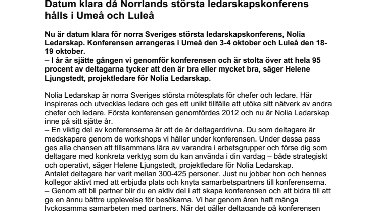 Datum klara för Norrlands största ledarskapskonferens som hålls  i Umeå och Luleå