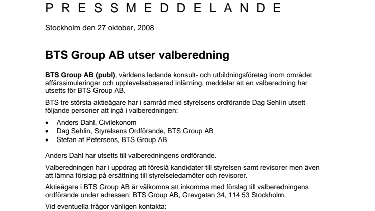 BTS Group AB utser valberedning
