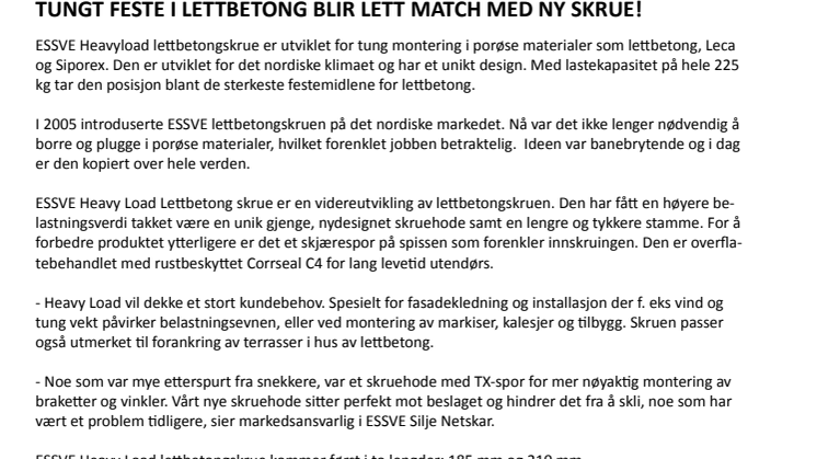 Tungt feste i lettbetong blir lett match med ny skrue