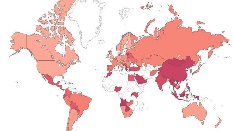 Kartan visar ett globalt riskindex över riskområden för skadlig kod runtom i världen