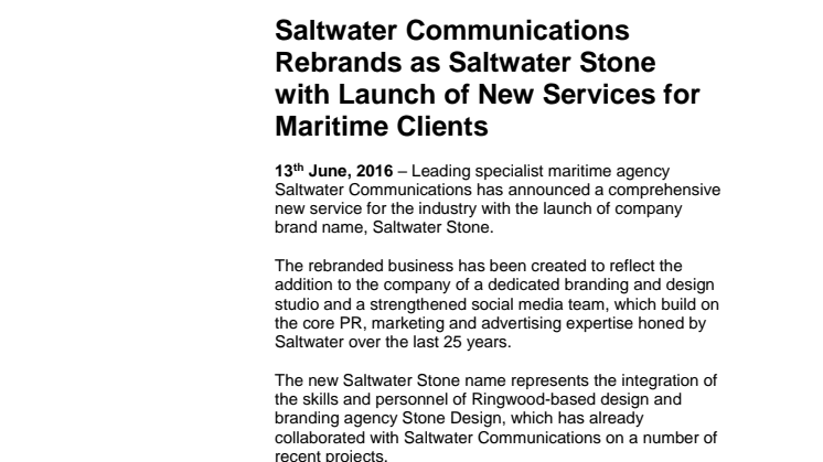 Saltwater Stone: Saltwater Communications Rebrands as Saltwater Stone with Launch of New Services for Maritime Clients