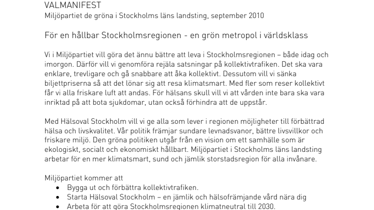 Valmanifest Miljöpartiet Stockholms läns landsting