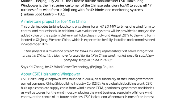 Great success on the Chinese wind market: fos4X wins CSIC Haizhuang Windpower as its newest customer 