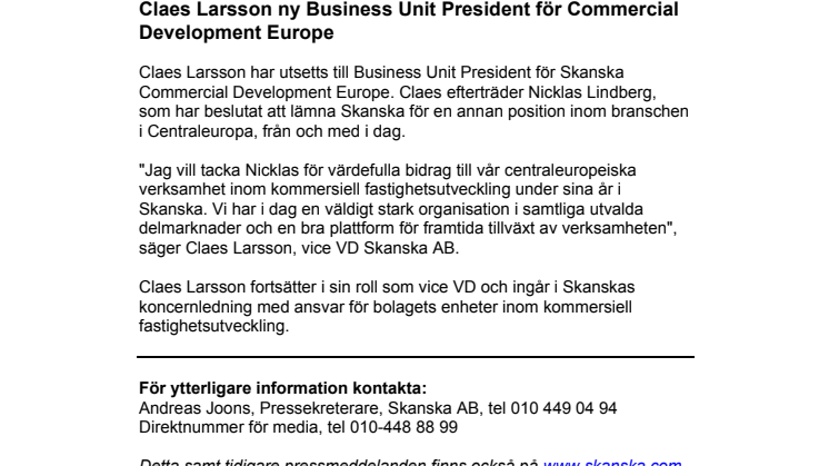 Claes Larsson ny Business Unit President för Commercial Development Europe