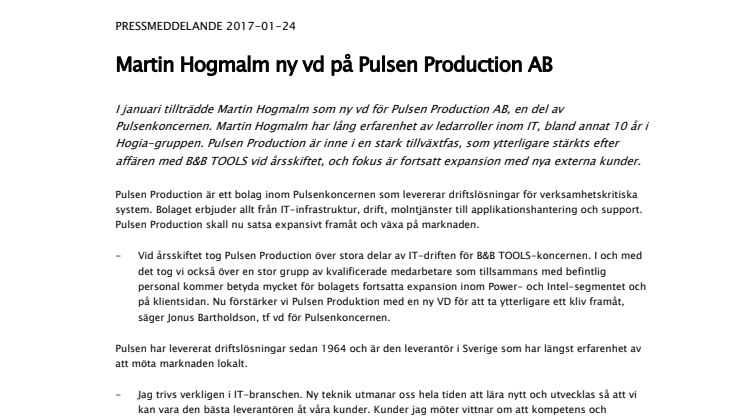 Martin Hogmalm ny vd på Pulsen Production AB