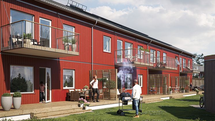 Illustration av trädgårdssida med balkonger & altaner, BoKlok Mellstagården, Borlänge. 