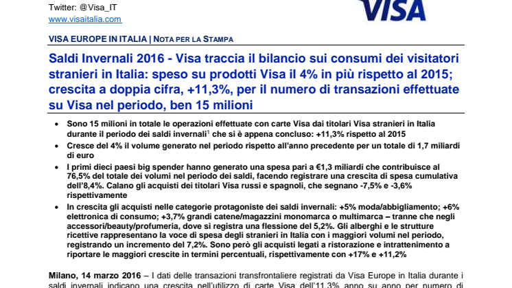 Saldi Invernali 2016 - Visa traccia il bilancio sui consumi dei visitatori stranieri in Italia