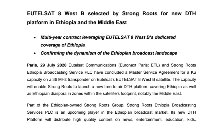 EUTELSAT 8 West B selected by Strong Roots for new DTH platform in Ethiopia and the Middle East 