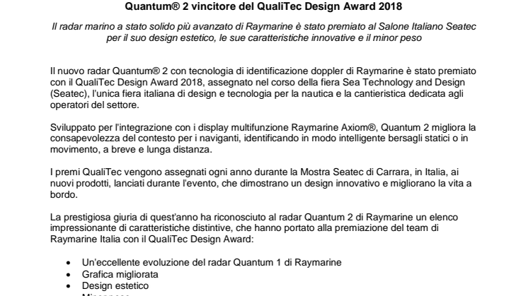 Raymarine: Quantum® 2 vincitore del QualiTec Design Award 2018 