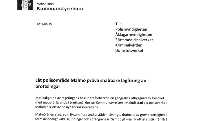 Brev från Kommunstyrelsen i Malmö om snabbare lagföring 