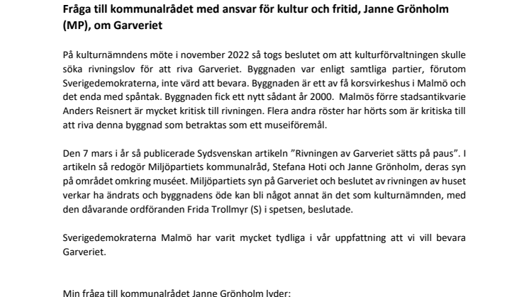 Michael Hård af Segerstad SD fråga till Janne Grönholm MP om Garveriet.pdf