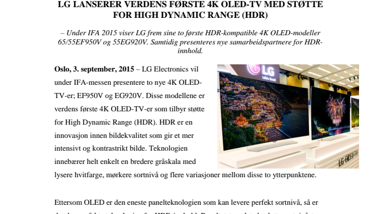 LG LANSERER VERDENS FØRSTE 4K OLED-TV MED STØTTE FOR HIGH DYNAMIC RANGE (HDR)