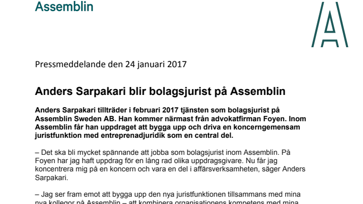 Anders Sarpakari blir bolagsjurist på Assemblin