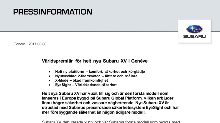 Världspremiär för helt nya Subaru XV i Genève