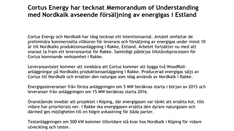 Cortus Energy har tecknat Memorandum of Understanding med Nordkalk avseende försäljning av energigas i Estland 