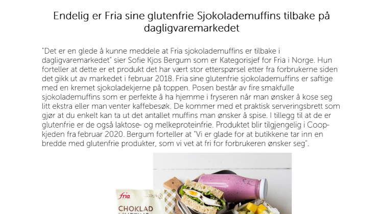 Endelig er Fria sine glutenfrie Sjokolademuffins tilbake på dagligvaremarkedet 