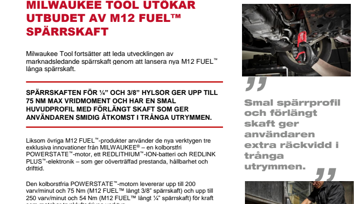 MILWAUKEE TOOL UTÖKAR UTBUDET AV M12 FUEL™ SPÄRRSKAFT