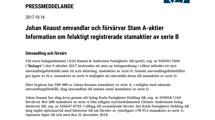 Johan Knaust omvandlar och förvärvar Stam A-aktier. Information om felaktigt registrerade stamaktier av serie B.