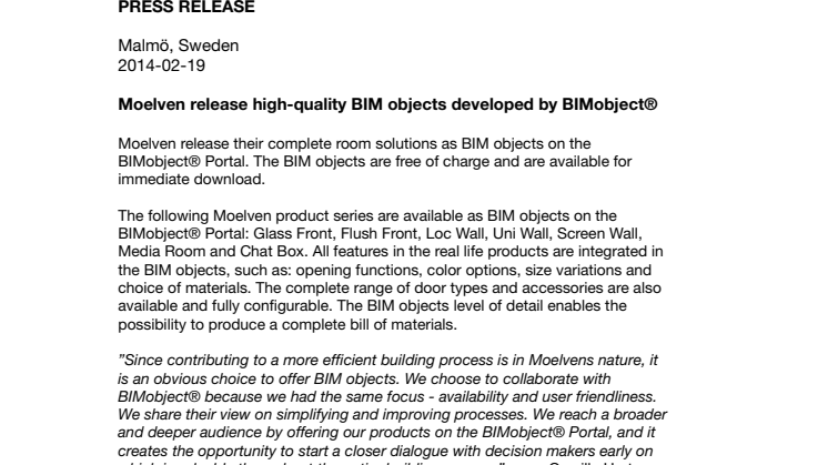 Moelven release high-quality BIM objects developed by BIMobject®