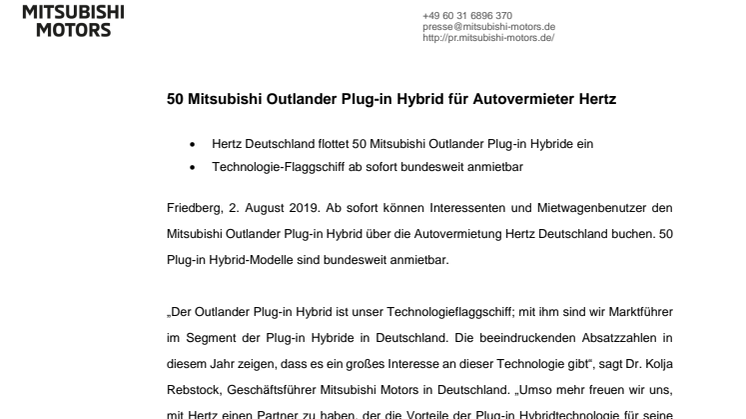 50 Mitsubishi Outlander Plug-in Hybrid-Fahrzeuge für Autovermieter Hertz