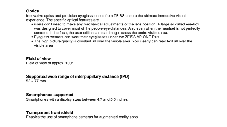 Zeiss VR One Plus Specifications