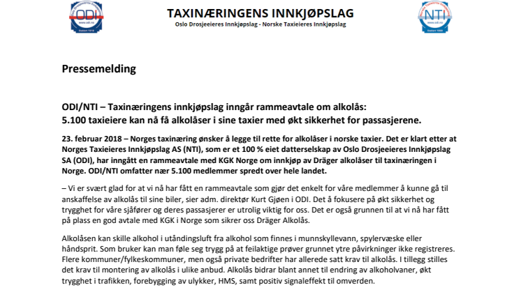 ODI/NTI - Taxinæringens innkjøpslag inngår rammeavtale om alkolås