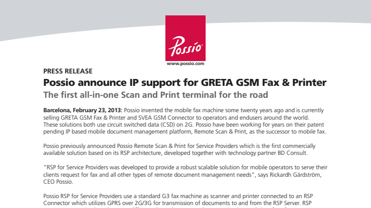 Possio announce IP support for GRETA GSM Fax & Printer